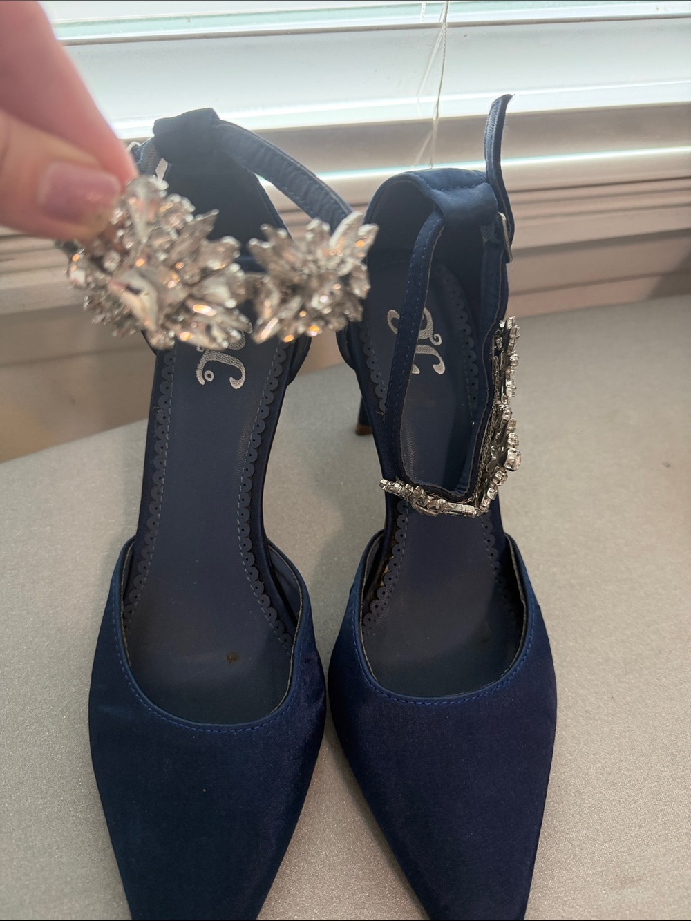 Navy Blue Pointed-Toe Heels with Crystal Ankle Buckle